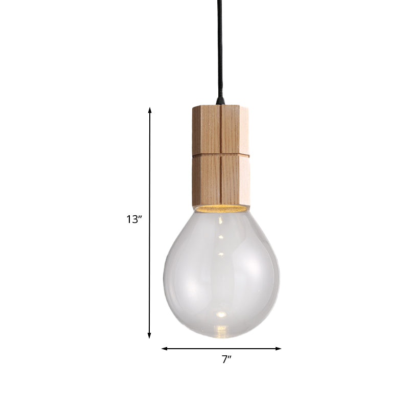 Modern Clear Glass Ceiling Pendant Light With Exposed Bulb - Wood Hanging Lamp Kit In Warm/White