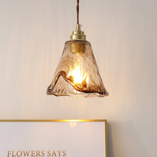 Modern Amber Glass Floral Ceiling Pendant Light With 1-Bulb Brass Drop Lamp For Bedroom