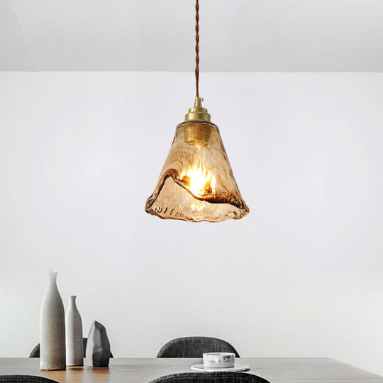Modern Floral Ceiling Pendant Light - Amber Rippled Glass with Brass Finish