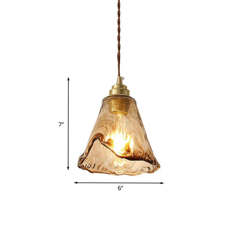 Modern Floral Ceiling Pendant Light - Amber Rippled Glass with Brass Finish