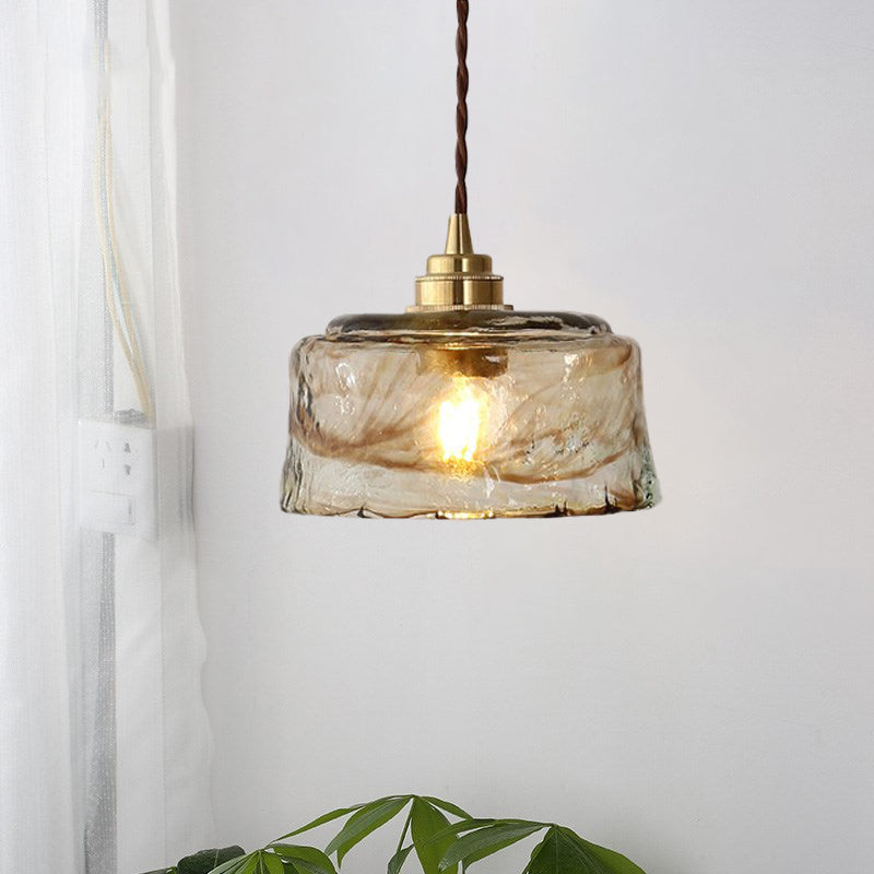 Amber Rippled Glass Pendant Lamp - Modern Bowl Drop Design With 1 Light Gold Finish