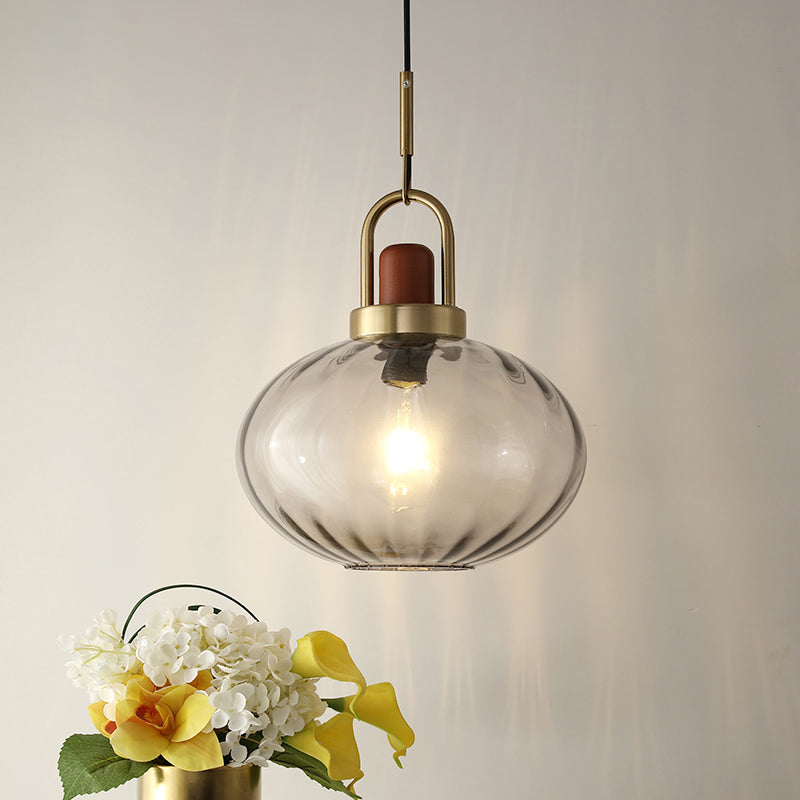 Simple Brown and Gold Bedroom Pendant Hanging Lamp with Oval Smoke Gray Water Glass Shade - 1 Light
