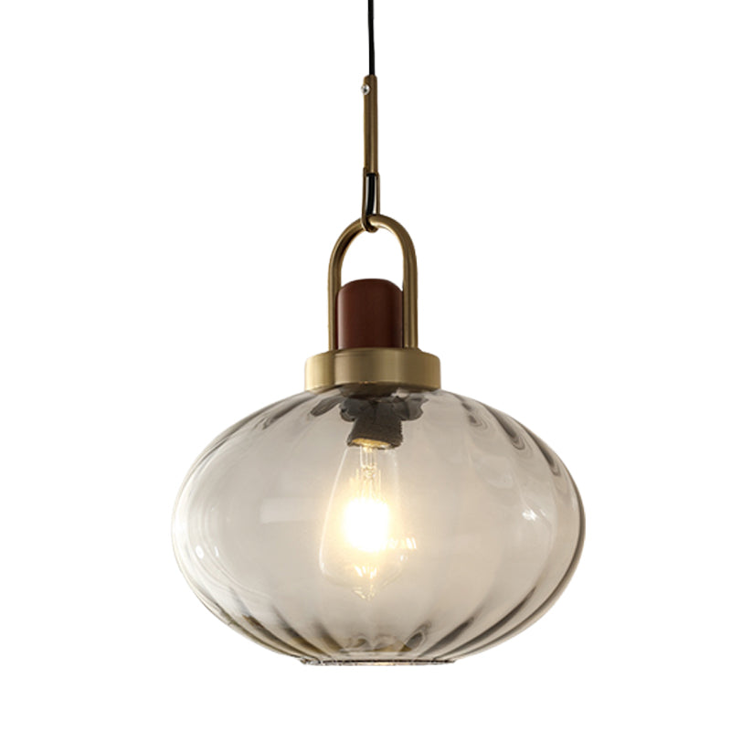 Simple Brown and Gold Bedroom Pendant Hanging Lamp with Oval Smoke Gray Water Glass Shade - 1 Light