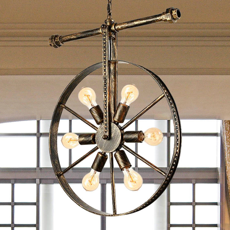 Farmhouse Style Wrought Iron Pendant Light Fixture - 6-Light Round with Wheel Design | Bronze Ceiling Décor