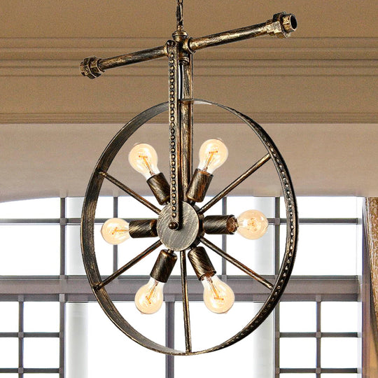 Farmhouse Style 6-Light Round Pendant With Wheel Design -Bronze Wrought Iron Ceiling Fixture 6 /