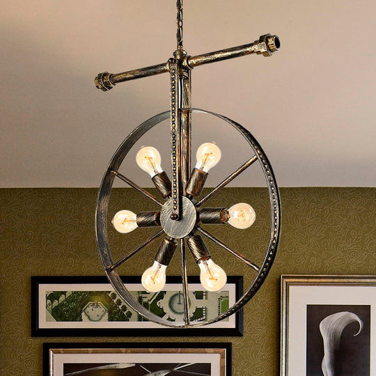 Farmhouse Style Wrought Iron Pendant Light Fixture - 6-Light Round with Wheel Design | Bronze Ceiling Décor