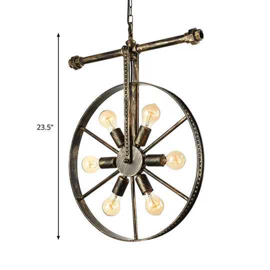 Farmhouse Style 6-Light Round Pendant With Wheel Design -Bronze Wrought Iron Ceiling Fixture