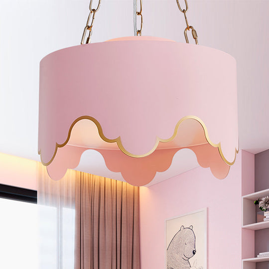 Iron Ruffled Edge Drop Lamp Postmodern 1 Bulb Pink/White Hanging Ceiling Light for Dining Room