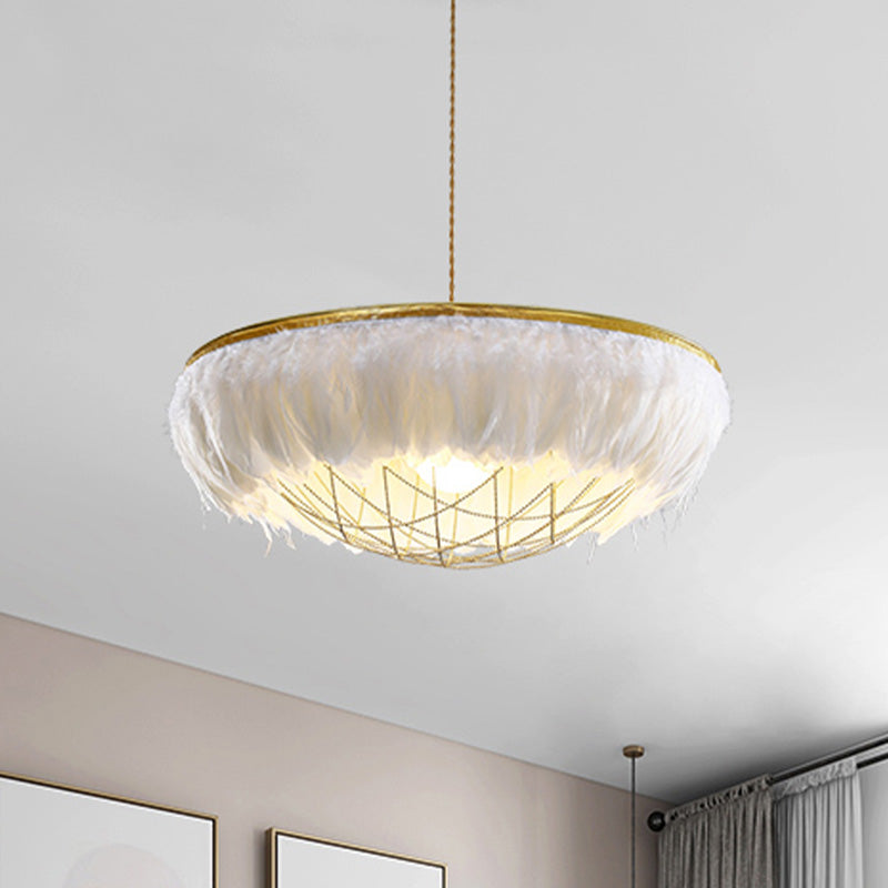 Modern White Feather Chandelier Light - 2 Head Copper Down Lighting with Wire Cage, 16"/19.5"/23.5" Wide