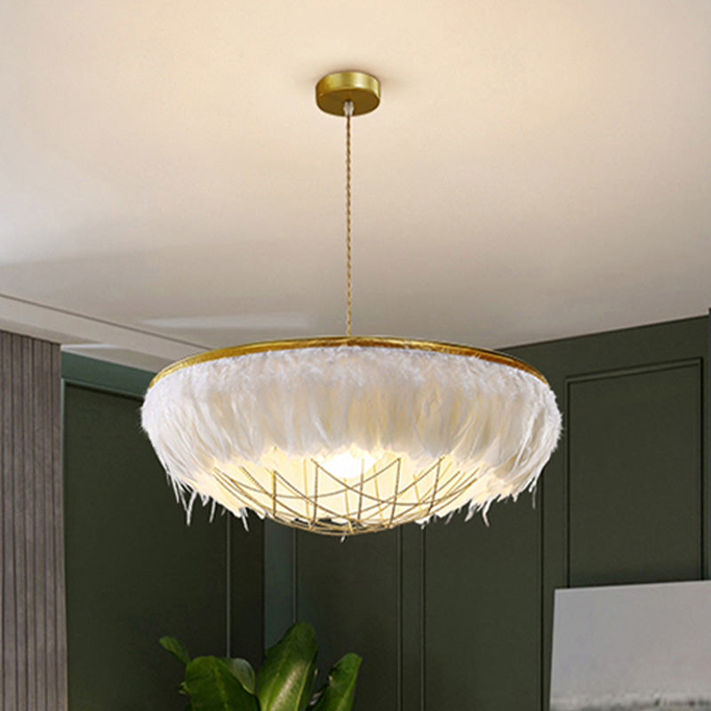 Modern White Feather Chandelier With 2 Copper Down Lights And Wire Cage 16-23.5 Wide