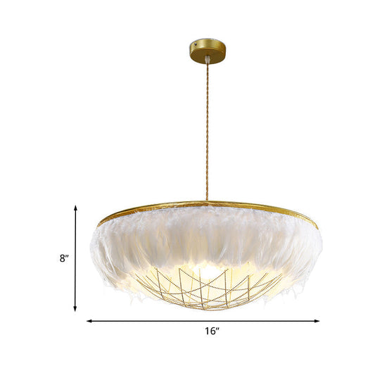 Modern White Feather Chandelier Light - 2 Head Copper Down Lighting with Wire Cage, 16"/19.5"/23.5" Wide