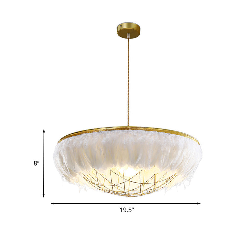 Modern White Feather Chandelier Light - 2 Head Copper Down Lighting with Wire Cage, 16"/19.5"/23.5" Wide