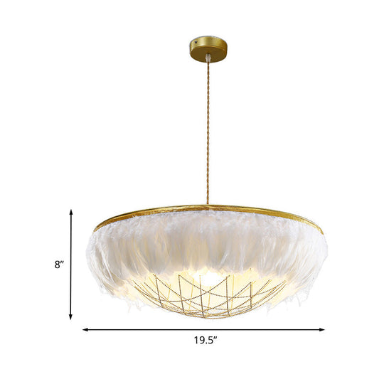 Modern White Feather Chandelier Light - 2 Head Copper Down Lighting with Wire Cage, 16"/19.5"/23.5" Wide