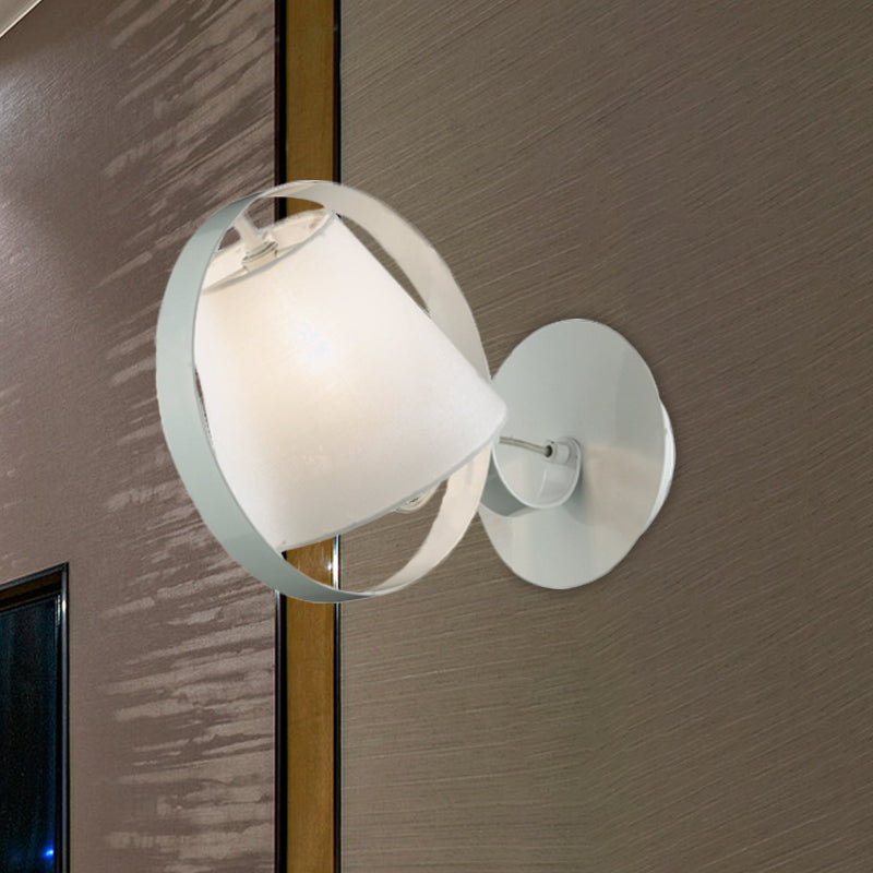 Minimalist Fabric Sconce Lamp: White Wall Light With Metal Ring 1 Bulb