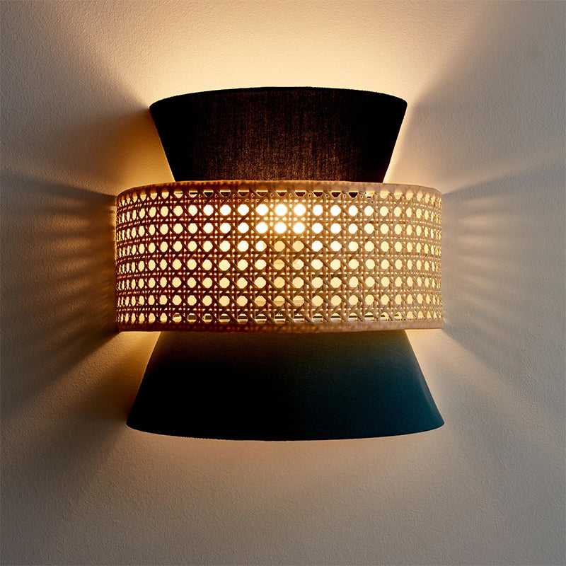 Minimalist Dual Cone Wall Lamp With Fabric Shade | Black And Blue Sconce Lighting In Rattan Design