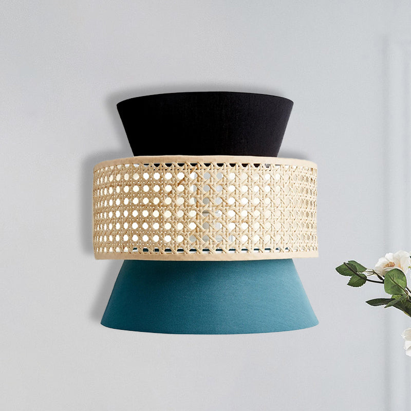 Minimalist Dual Cone Wall Lamp With Fabric Shade | Black And Blue Sconce Lighting In Rattan Design