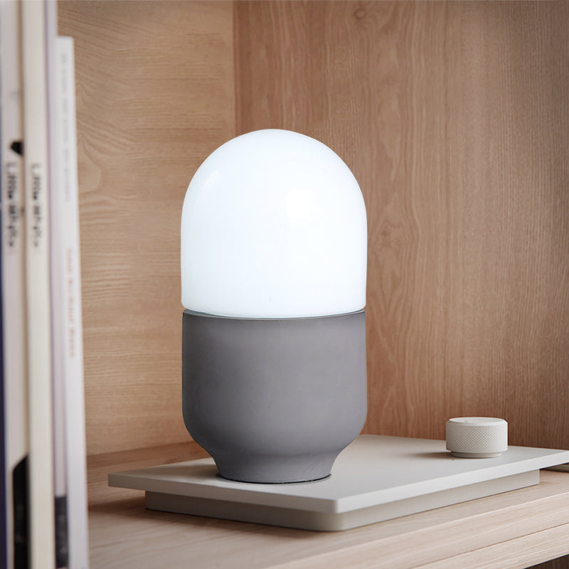 Minimalist Grey Cement Capsule Desk Light With Led Night Table Lamp And White Glass Shade