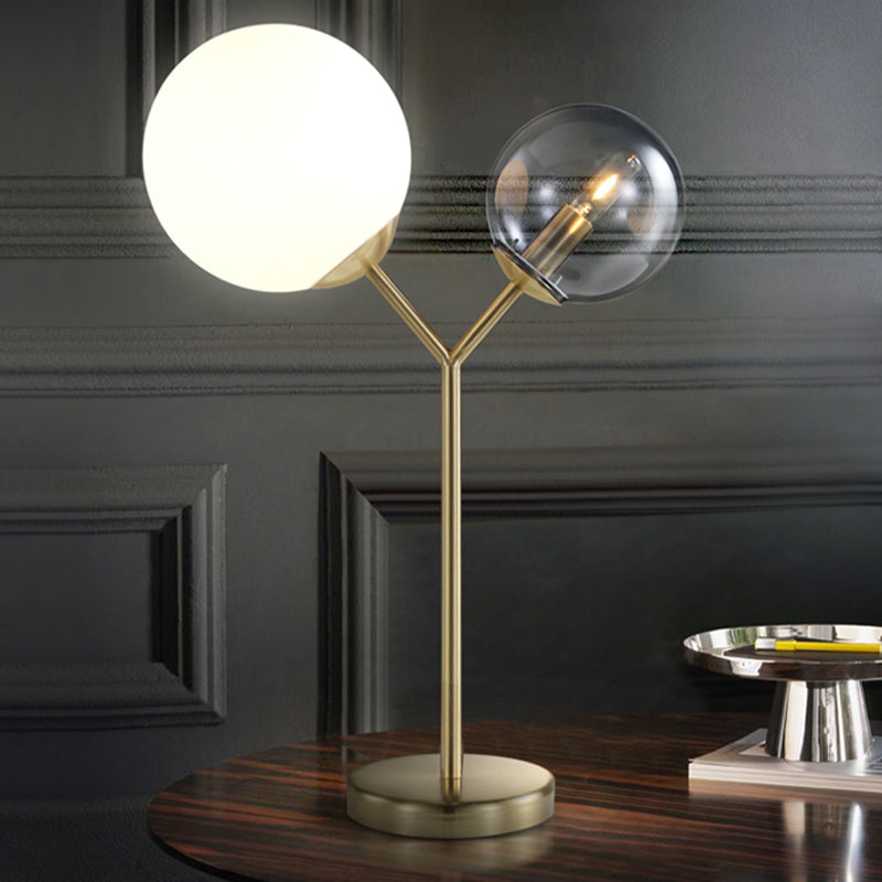 Modern Gold Led Branch Desk Lamp With Globe Grey And Cream Glass Bedroom Table Lighting