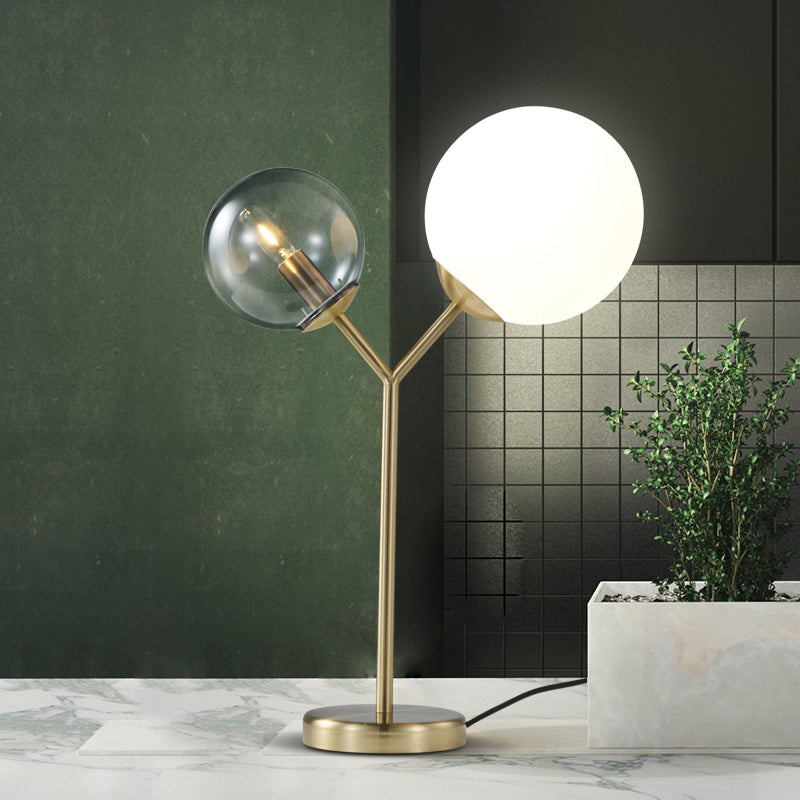 Modern Gold Led Branch Desk Lamp With Globe Grey And Cream Glass Bedroom Table Lighting