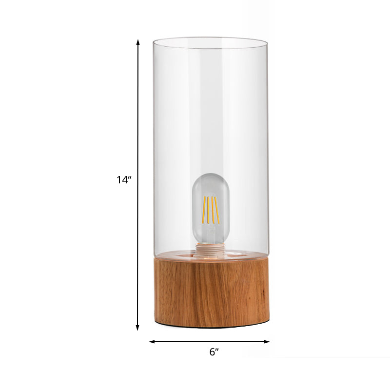Cylinder Bedroom Desk Lamp - Clear Glass Led Reading Light With Wood Base