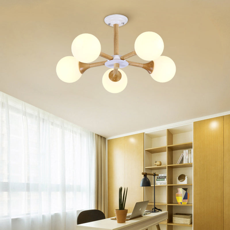 Modern 5-Bulb Wood Pendant Chandelier For Kids Bedroom White Glass Orb Shade