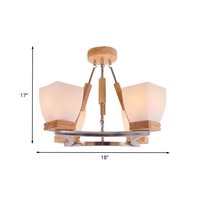 Modern Trapezoid Chandelier | 4-Head White Frosted Glass Chrome & Wood Ceiling Light