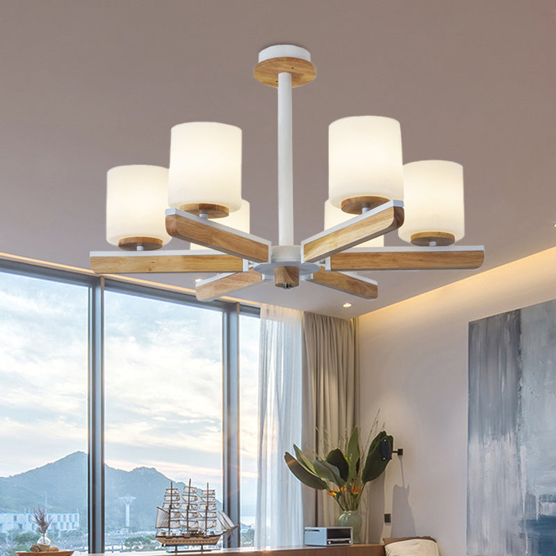 White Frosted Glass Modernist 6-Head Radial Pendant Chandelier For Living Room Wood Finish