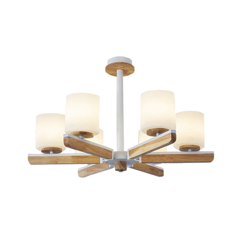 White Frosted Glass Modernist 6-Head Radial Pendant Chandelier For Living Room Wood Finish