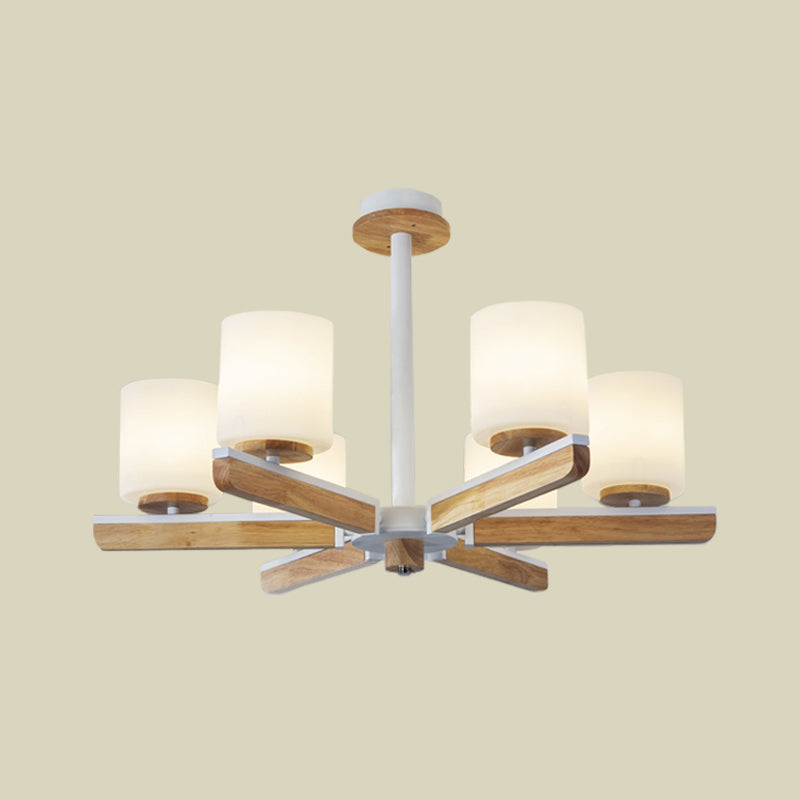 White Frosted Glass Modernist 6-Head Radial Pendant Chandelier For Living Room Wood Finish