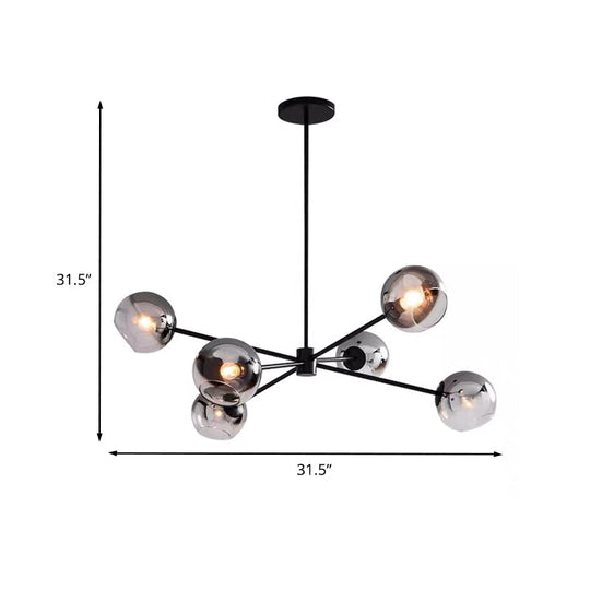 Minimalist Smoke Gray Glass Ball Chandelier With 6-Bulb Sputnik Pendant Lamp In Black Finish