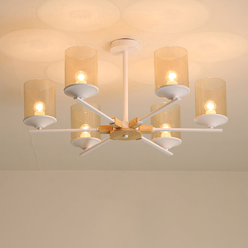 Modern Radial Iron Ceiling Chandelier - 6 Head White/Green With Wood Accents Cylinder Tan Glass