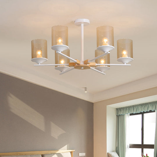 Modern Radial Iron Ceiling Chandelier - 6 Head White/Green With Wood Accents Cylinder Tan Glass