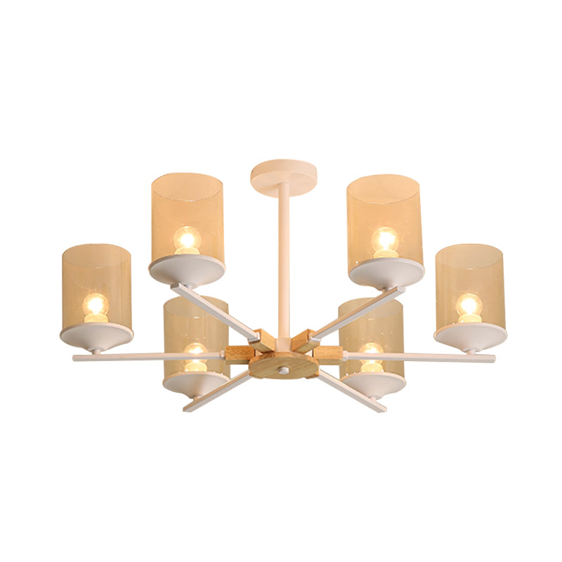 Modern Radial Iron Ceiling Chandelier - 6 Head White/Green With Wood Accents Cylinder Tan Glass