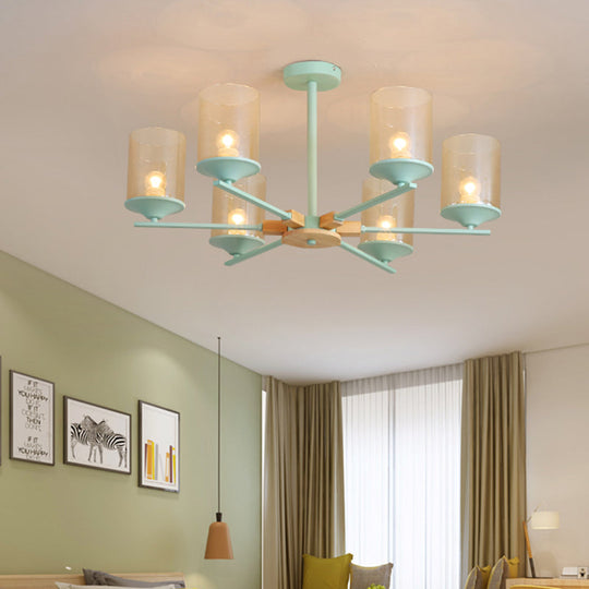 Modern Radial Iron Ceiling Chandelier - 6 Head White/Green With Wood Accents Cylinder Tan Glass