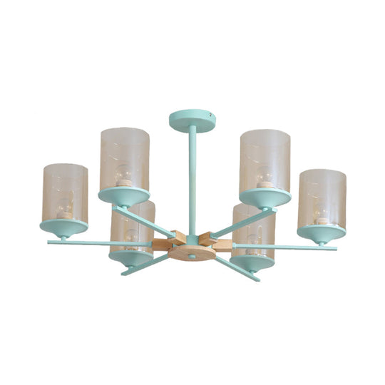 Modern Radial Iron Ceiling Chandelier - 6 Head White/Green With Wood Accents Cylinder Tan Glass