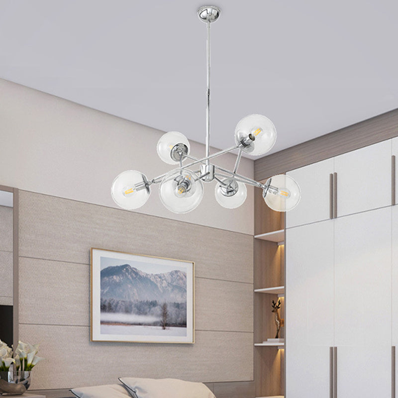 Modern 6-Light Chrome Chandelier With Clear Glass Orb Shade For Bedroom Ceiling