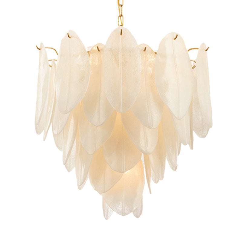 Contemporary White Textured Glass Leaf Pendant Chandelier - Gold Finish, 6 Bulb, Bedroom Suspension Light