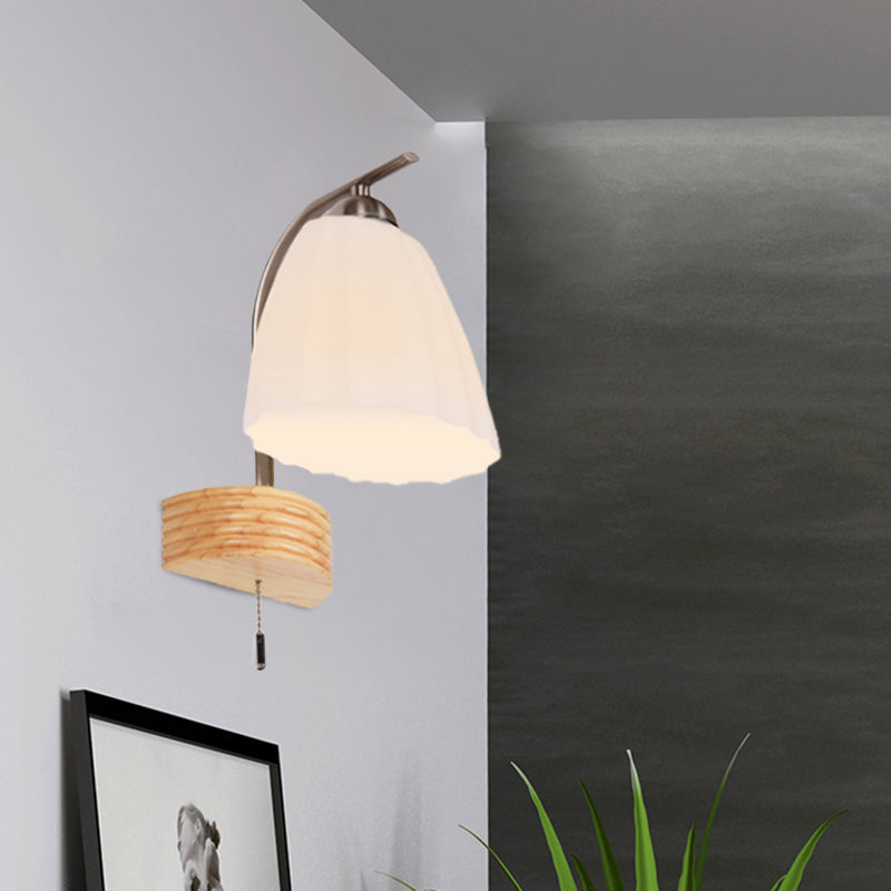 Modern Ribbed Glass Flared Sconce Light Fixture With Pull Chain And Wood Backplate - 1 Head Wall