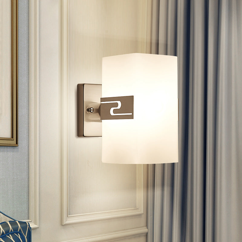 Modern Wall Mounted Nickel Cuboid Sconce Lamp With White Glass - Ideal For Corridors