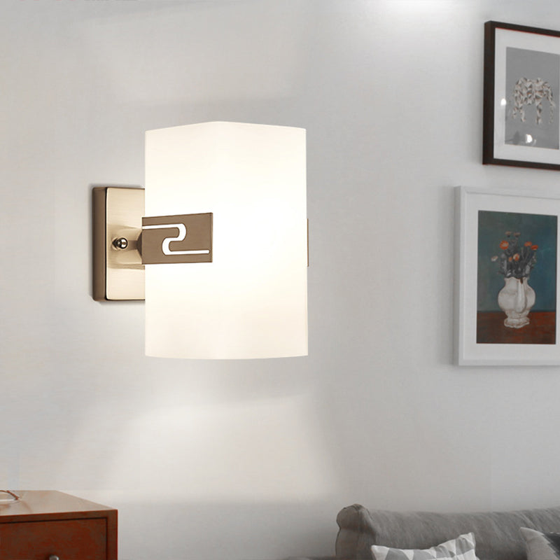 Modern Wall Mounted Nickel Cuboid Sconce Lamp With White Glass - Ideal For Corridors