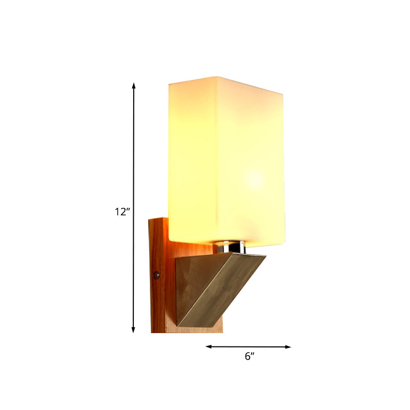 Modern White Frosted Glass Cuboid Sconce - Wood Wall Lamp With Metal Base
