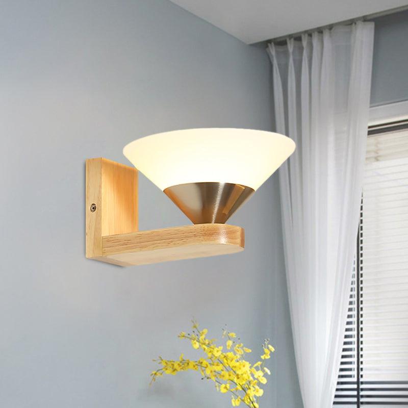 Modern Wood & Nickel Wall Sconce With Cone White Glass Shade- 1 Bulb Bedside Light Fixture