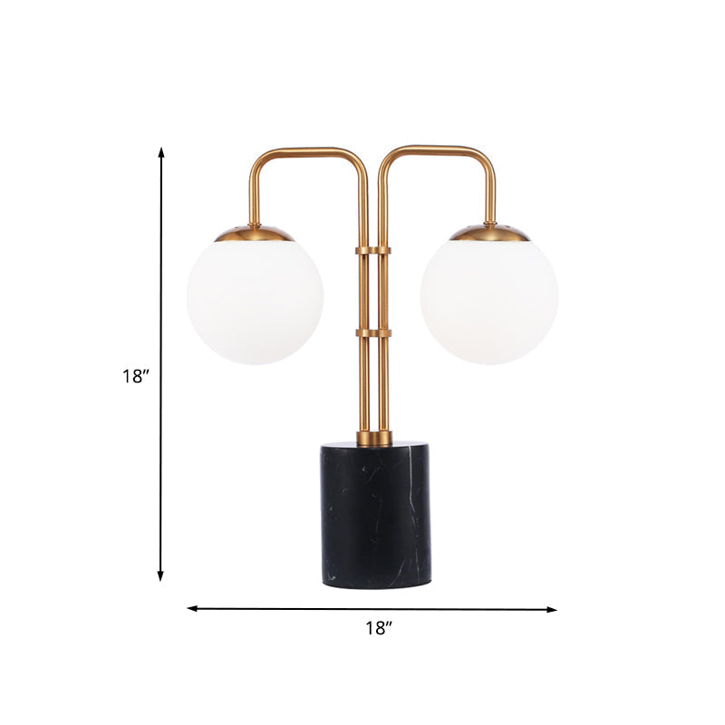 Modernist Gold Globe Table Lamp With Black Marble Base - 2 Bulb White Glass Nightlight