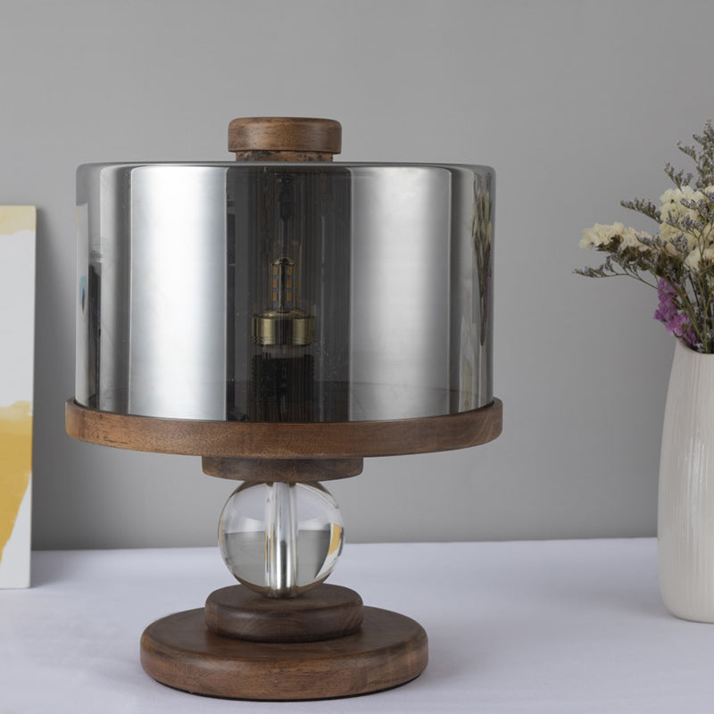 Modern Black Glass Drum Table Lamp With Single Light Brown Wood Base - Perfect For Living Room