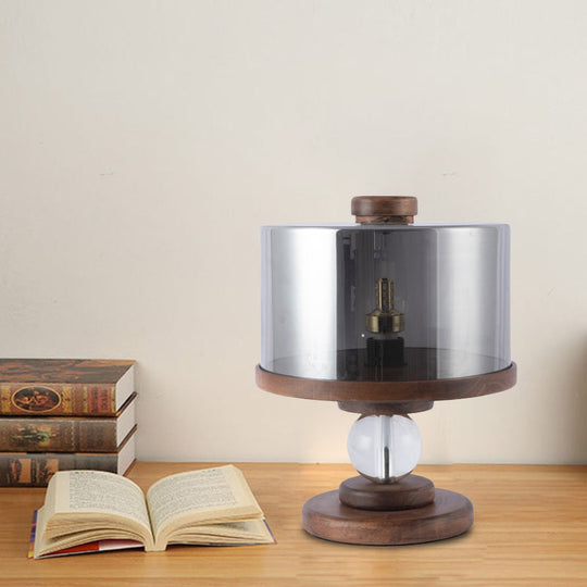 Modern Black Glass Drum Table Lamp With Single Light Brown Wood Base - Perfect For Living Room