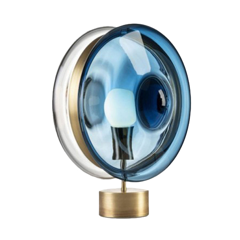Gold Round Nightstand Lamp With Modern Blue/Clear Glass - Single Bulb Bedside Light
