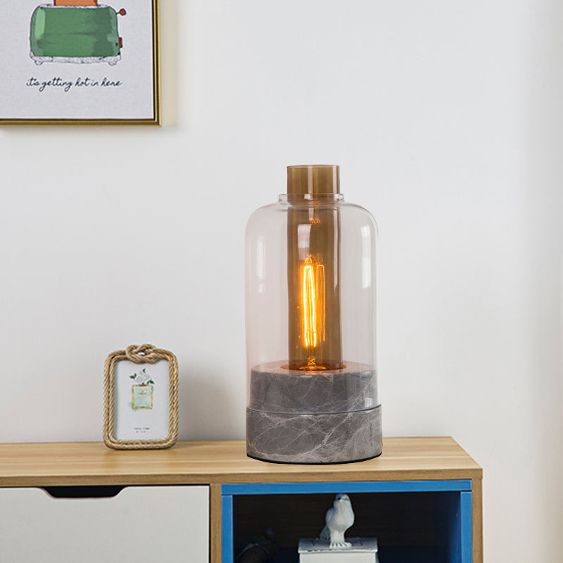 Modern Clear Glass Table Lamp With Grey Shade And Marble Base - Sleek Jar Design