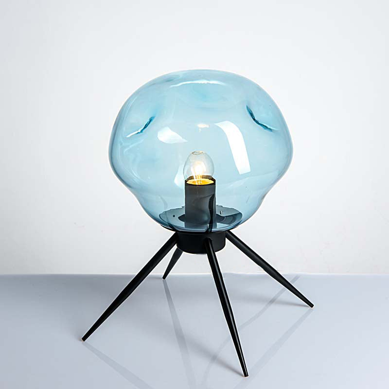 Modernist Tripod Desk Light With Dimpled Glass Shade - Black Blue/Cognac Blue