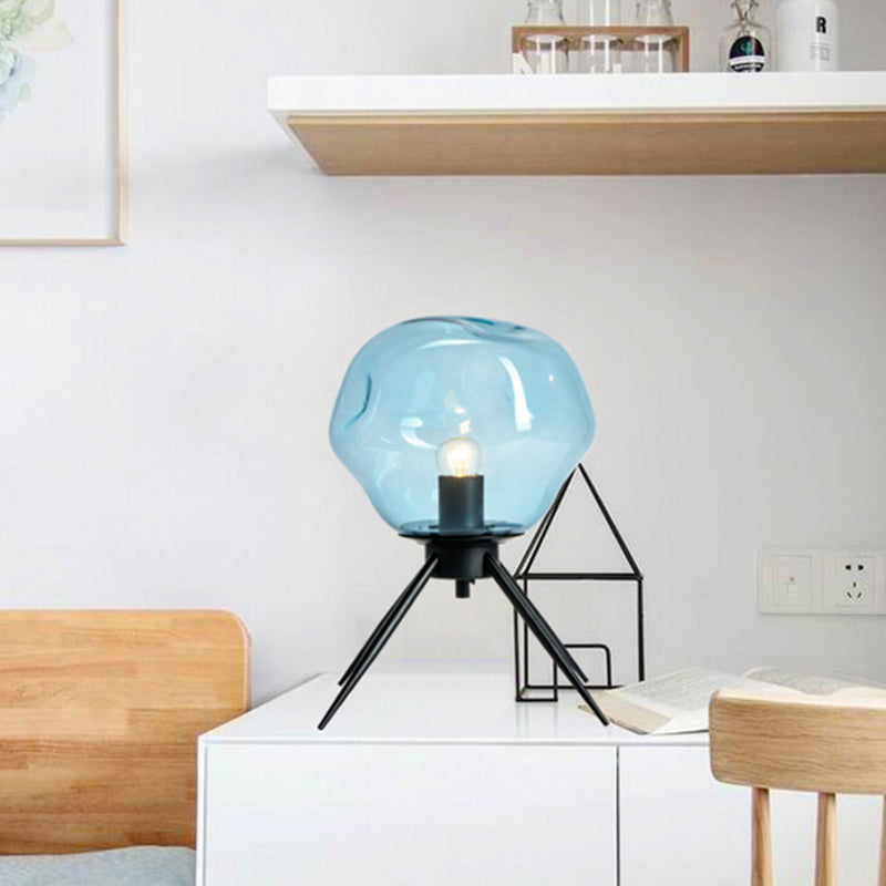 Modernist Tripod Desk Light With Dimpled Glass Shade - Black Blue/Cognac