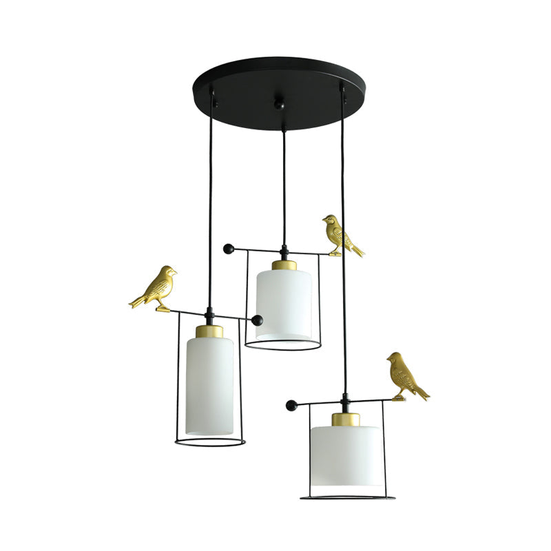 Cylinder Cluster Pendant Dining Room Lamp - Cream/Smoke Gray Glass, Modernism Design with Gold Bird Deco (3 Bulbs)